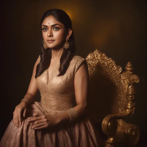 close up portrait of a Bollywood actress (Mrunal Thakur) sitting in The Iron Throne , throne, (backlighting), realistic, masterpiece, highest quality, lens flare, shade, bloom, [[chromatic aberration]], by Jeremy Lipking, by Antonio J. Manzanedo, digital p...