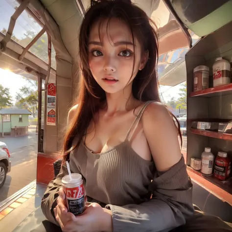 taking throat medicine in the form of a thin little energy drink、russian young woman trying to stop coughing、wearing summer clot...