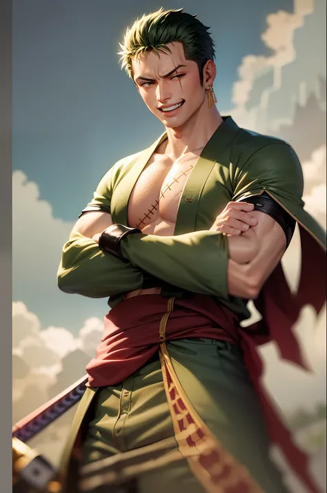 (masterpiece, best quality:1.2), cowboy shot, solo, male focus, 1boy, roronoa zoro, scar, muscular male, grin, looking at viewer...