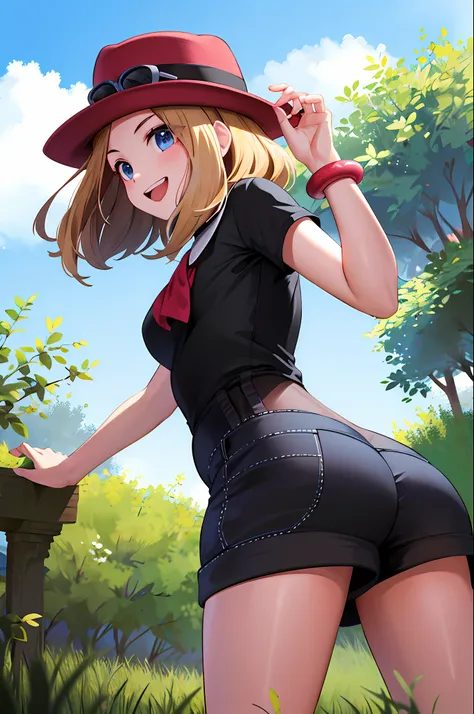 obra maestra, mejor calidad, highres, ojos azules, serena \(pokemon\), 1girl, solo, muslos, pelo largo, sombrero, joyas, pulsera...