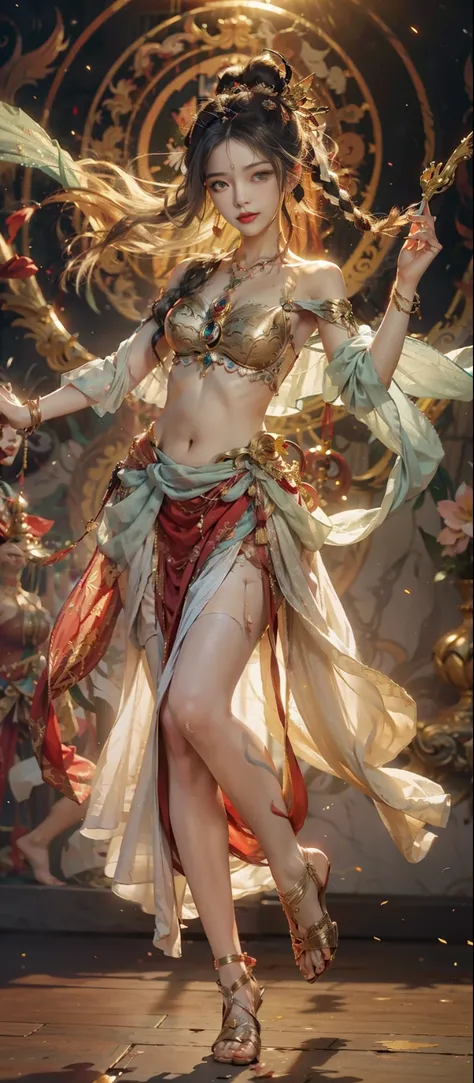 Dunhuang style, 1girle, shoulders, navel, flying fairy, Dunhuang mural in background, dance, gray hair, lots of hair, very long hair, hair ornaments, ribbons, earrings, gold jewelry, hair bubbles, copper bells, red and gold clothes, flowers on the head, gr...