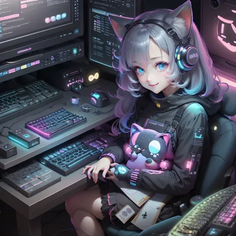 kawaiitech,Pastel color, kawaii, niedliche Farben ,sci-fy, computers, pink,
scholar , scroll, 1girl huge large breasts ,Long hair, Pale skin,White hair, Glowing eyes, Smile ,Closed mouth,Bob cut,
