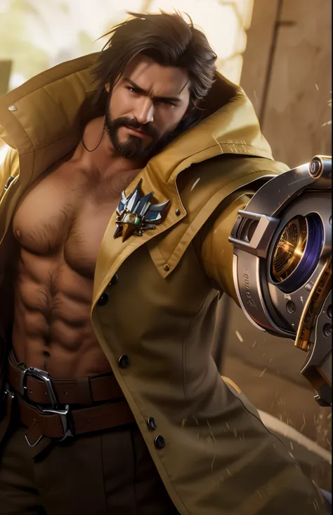 a close up of a man with a beard and a jacket on holding a gun, mccree from overwatch, doomfist from overwatch, inspired by huan...