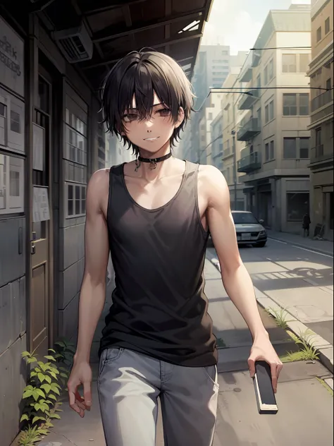 1boy, A boy with dark, piercing black eyes, which seem to reveal deep mysteries. He wears a dark black tank top, contrasting with his pale skin. Her hair is dark black, with white tips that give a unique touch to her look. His teeth, slightly sharp, give i...