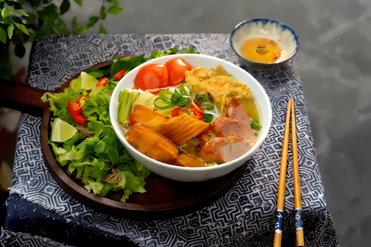 there is a bowl of food on a table with chopsticks, yummy, inspired by tan ting-pho, in style of lam manh, healthy, detailed ima...