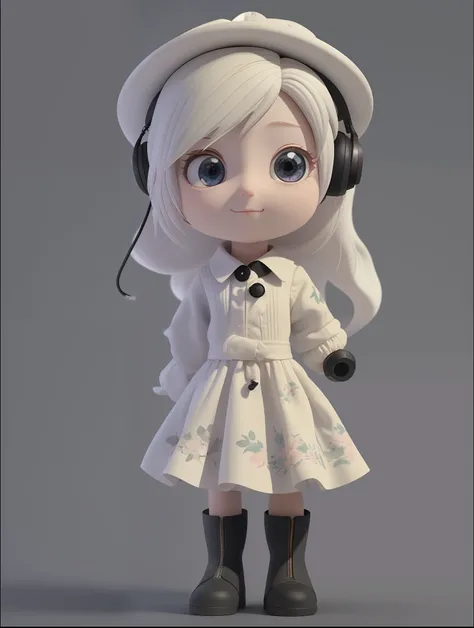 a Super cute girl ,Wearing a floral dress,Wearing boots,Wearing a hat and earphones,big watery eyes,full body,looking at viewer,open hands,MD clothing, clothing wrinkles,clean background,dreamy,excited,super cute girl IP by pop mart ,high detail ,hyper qua...