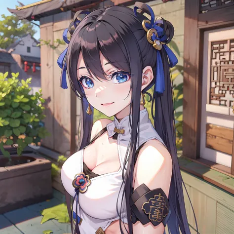 anime girl with long thin hair in 2 pigtails and blue ties, anime girl with black hair, off shoulder, using a white blue cheongs...