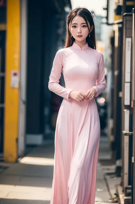 a beautiful girl in vintage pink colors aodai tradition viet nam, city nigth, masterpiece, best quality, realistic:1.3, street, ...