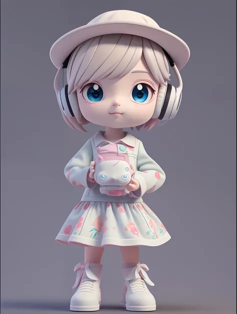 a Super cute girl ,Wearing a floral dress,wearing boots,Wearing a hat and earphones,Big watery eyes,Full body,see viewer,Open hands,MD clothing, clothing wrinkles,Clean background,Dreamy,Excited,Super cute girl IP is popular,Bubble Mart ,High detail ,hyper...