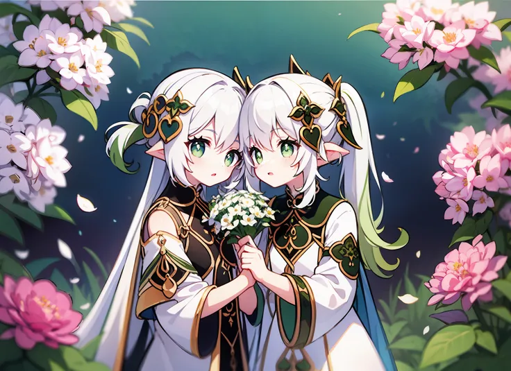 styled, masterpaintings, optimal quality, Special details, illustration, Romance,Tuuli,florals,Lover holding flowers,Atmosphere of love,Fresh tones,Simple background,Girls have long white hair,Wear it together,The boy has short white hair,Wearing white cas...