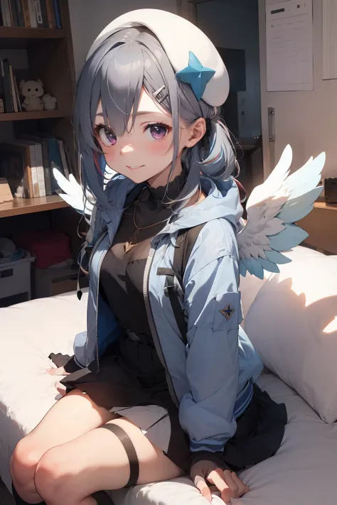 beretkanatan, 1girl, solo, multicolored hair, partially fingerless black gloves, grey hair, mini wings, angel wings, blue hair, ...