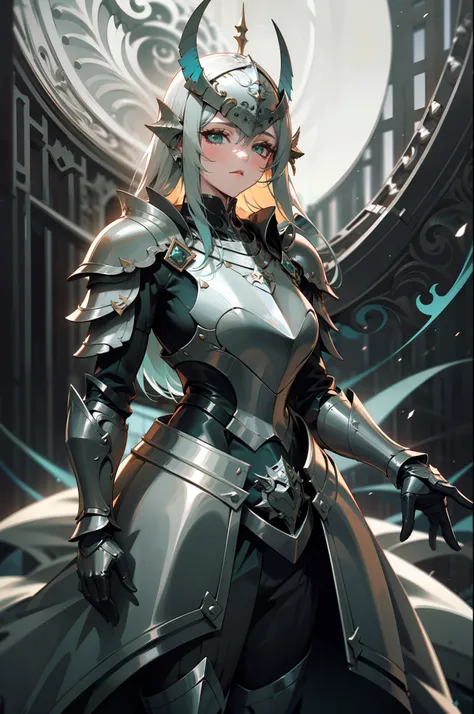 a woman medieval knight, wearing a black and teal dress armor, full silver helmet, masterpiece, beautiful