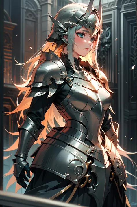 a woman medieval knight, wearing a black and teal dress armor, full silver helmet, masterpiece, beautiful