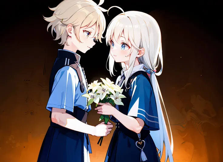 styled, masterpaintings, optimal quality, Special details, illustration,Sweet interaction,Tuuli,florals,Correct proportions,Lover holding flowers,Atmosphere of love,Fresh tones,Simple background,Girls have long white hair,The boy has short white hair,