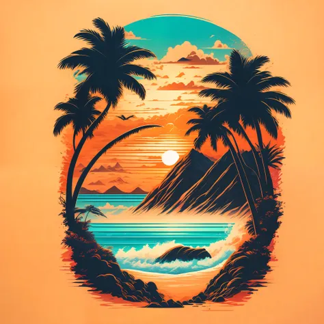 a beach in a summer landscape, t-shirt design, midjourney, vector art, hydro74