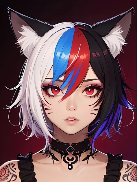 1girl, rainbow hair, cat ears, animal ears, animal ear fluff, emo punk style, makeup, dark skin, facial mark, hair between eyes,...