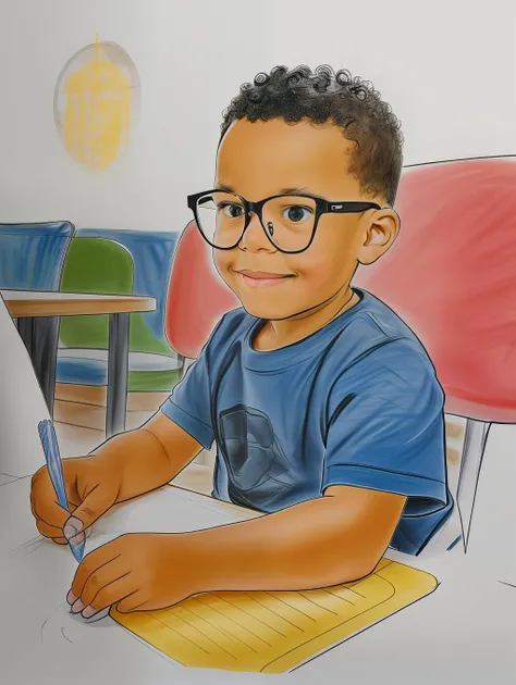 guttonerdvision4, A drawing of a 3-year-old boy wearing glasses, sitting in a French café