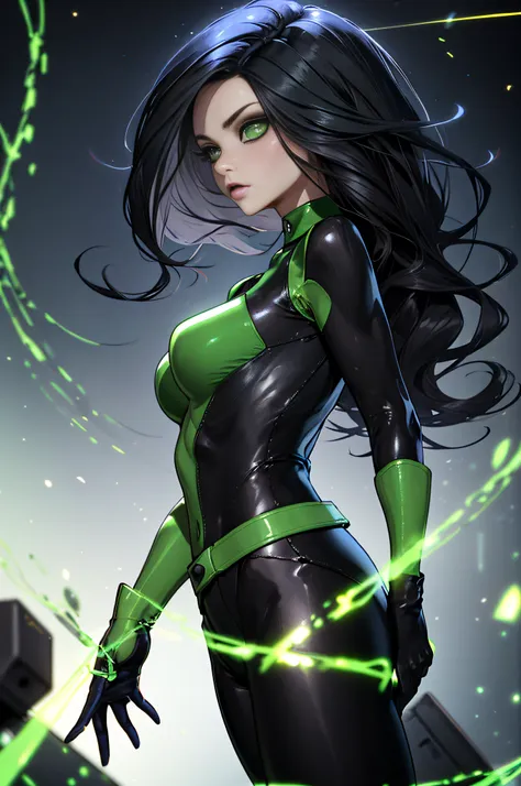 masterpiece, best quality, highres, sh1, green eyes, gloves, multicolored bodysuit, makeup, from side,