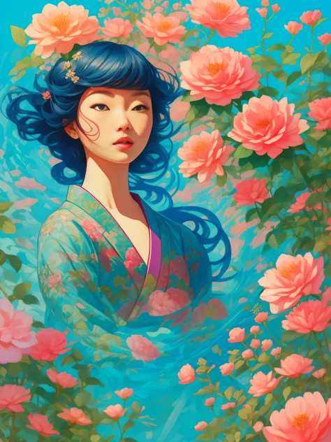 a woman, with plants around it, style of kitsch aesthetic, exotic, high-angle, pastel-colored scenes, i can't believe how beauti...