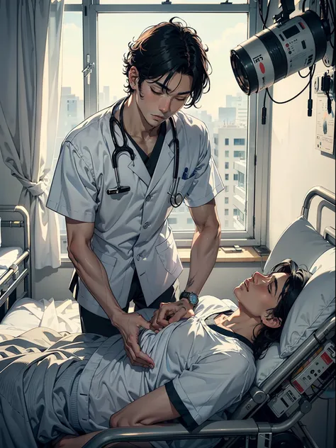 a handsome boy，solo，black hair，（（patient）），in a hospital，（hospital bed），（close your eyes），（masterpaintings），top-down view