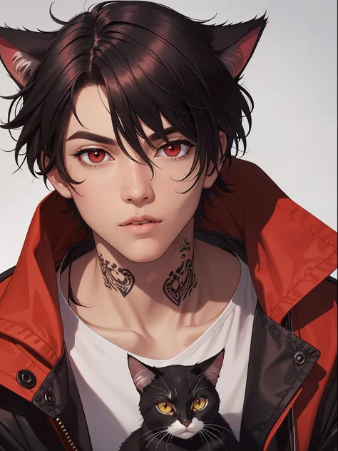 1girl, black hair, cat boy, dark skin, facial mark, hair between eyes,lips, looking at viewer, male focus, neck tattoo, parted l...