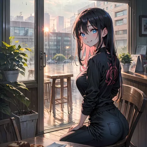 Cute little girl sitting looking out the window, (1girls:1.3), Bangs,winked,neckless , (skiny tunktop for sports + Black pants), ultra -detailed, Crystal Blue Eyes,Slender, masterful technique, joints, Long hair, animetic, Solo, Dark hair, High quality, Ma...