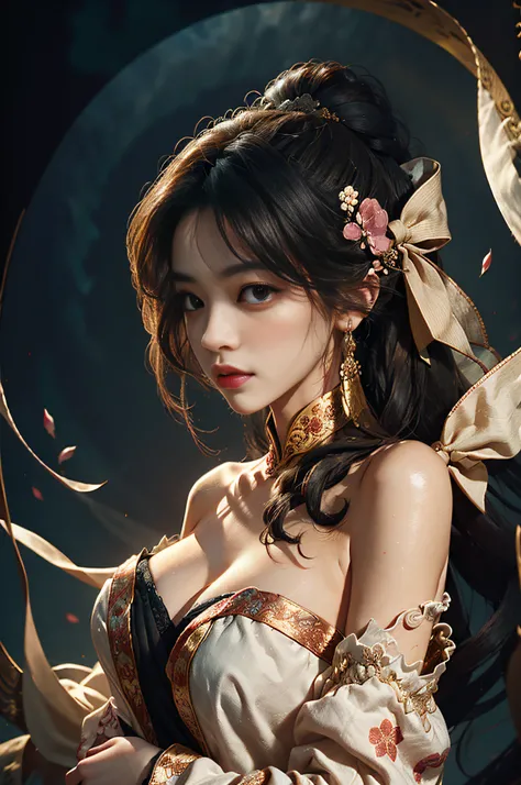 Zhong Fenghua, 1girl huge large breasts, (Whole human body) 独奏, Hanfu, flowers fields, blossom flower, (White smoke:1.3) (pphotorealistic:1.4),A coquettish expression,Bow your head shyly,Fawn rammed,Detailed expressions,The tension of love coming,dishevele...