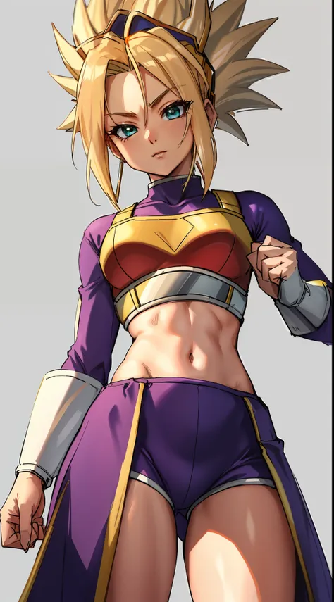 (b4ttl3:1.1),super saiyin, midriff, (small breasts:1.1),simple background, high detail, sharp focus,closed mouth