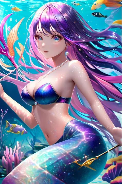 A breathtaking scene of a mermaid with iridescent hair, holding a trident in one hand and a pearl in the other, swimming with a school of colorful fish in a vibrant coral reef