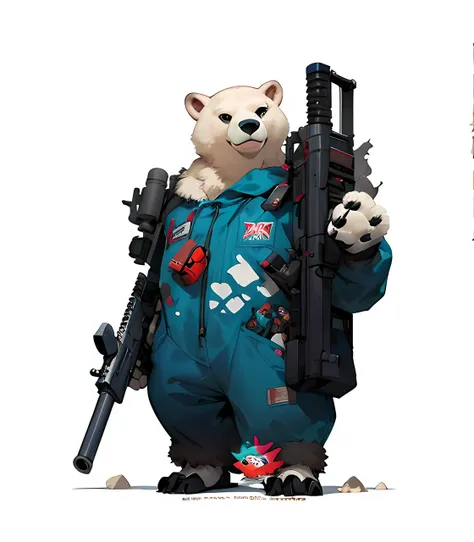 cartoonish style，lovly，in pixar style，doomsday crisis theme，cartoon image of a polar bear man wearing a mecha holding a gatling ...