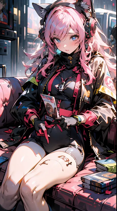 (agirl), Long colored curly hair, Light red eyeshadow, To have moles, Delicate, beautiful and not blurred face, Black pupils, Blue eyes, White mink cropped leather jacket, There are tattoos on the back of the hands, With pink glowing cat ear headphones,Lie...