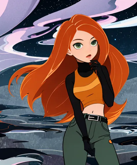 original-art, lineart, inked, 1girl, green eyes, long hair, orange hair, kim possible, jeans, black top, black gloves, midriff, belt ,night sky background