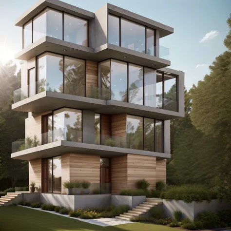 Aperture: f/8 - f/16,focal length: 35mm, low distortion, perpestive, modern architecture, ultra realistic, raw photo, sharp focus, tree background, sunlight, glasses window, wooden balcony, masterpiece, big front yard, concrete wall, green landscape, glass...