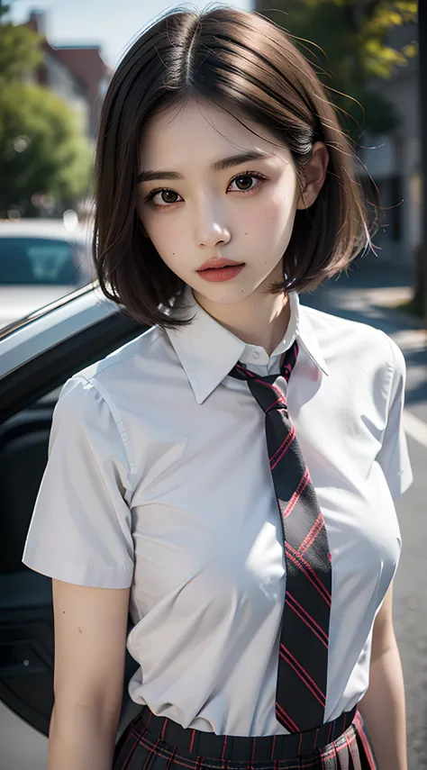 violaceaess, (gardeniass, rosaceaess:0.8), (masterpiece, best quality:1.4), delicate girl, beautiful short hair, close up, school uniform, white dress shirt, short sleeve, dark grey pleated plaid skirt, 8k, 50mm portrait, raw photo, absurdres, breasts focu...