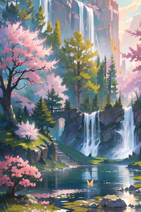 (((landscape, no humans, ))), postcard illustration, ancient japanese garden, utopia, spring, flowers, falling petals, lake, caustics, beautiful water, reflections, koi (fish), waterfall, tree, meadow, rock, butterfly, wind, fantastic, cinematic, volumetri...