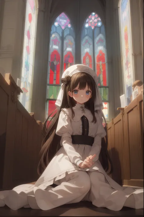 masterpiece, best quality, 1 girl, sister, church,Stained glass,Solemnity