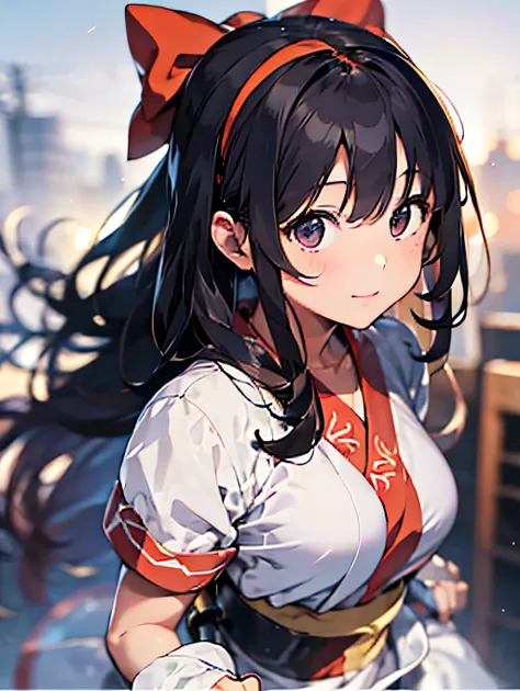 masterpiece, best quality,1girl, solo, nakorurums, red bow, bow, long hair, hair bow, ainu clothes, solo, hairband, black hair, ...