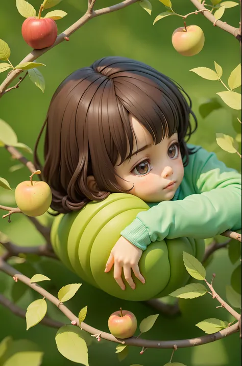 cute little boy，dolls，lying on an apple tree，laid back，cool