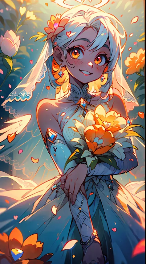 ((wedding)), ((Bride)), ((White Hair)), Orange Pink Eyes, Two-Tone eyes, ((Bridal Outfit), ((Flowers)), ((Petals)), ((Curvy)), ((Elegant)), ((Orange)), ((Crystals)), ((Love, Smile, Hearts)), ((White Brides Dress)), ((Long Hair)), ((Angel, Angelic, Halo)), ...
