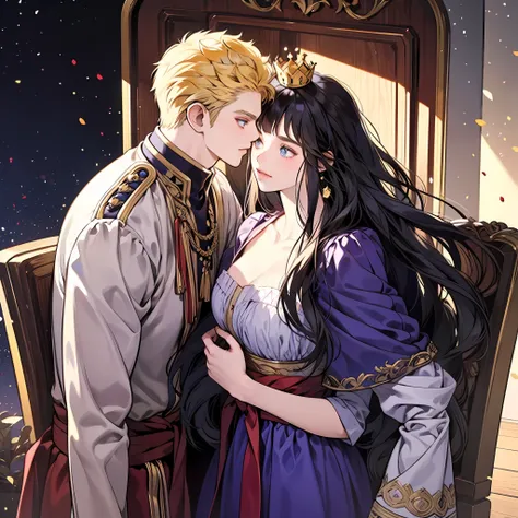 blonde man, dark blue hair girl, naruhina, throne, masterpiece, couple, standing, royalti, nobility, (((crowns))), king, queen, ...