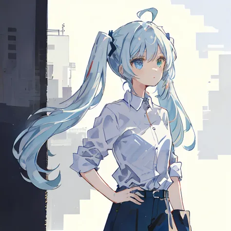 (最好质量、a masterpice)、女の子1人、(women's center)、ahoge、white blue hair、((camisa blanca)、(overfitted shirt))、length hair、the  is standi...