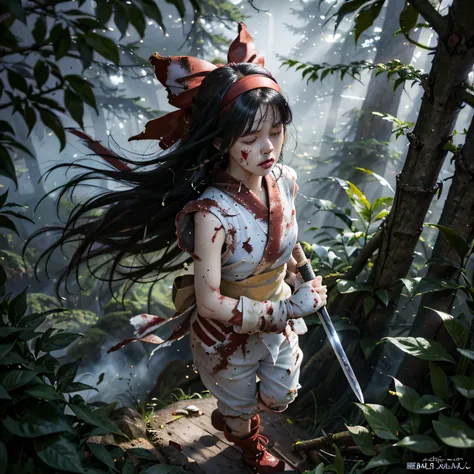 (Master Masterpiece), (Raw photography、highly best quality), UltraHighResolution, Professional artwork, ultra detaild, complicated, details face, Perfect lighting, (1 girl、独奏:1.2)、Nakoruru、long haired, Red bow, Bow, Blue Eye, black hair, arma, ainu clothe...