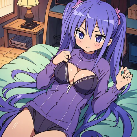 Kagami Hiiragi、Konata Izumi、(Young girl, twintails、Light purple hair、long haired、13yo) and (Lori, small tits,Blue hair、Very long hair、short stature、11years old) 、(((cleavage breasts)))、(Sunburn marks)、titts、Lori、Two girls、Fluffy garments、Navel Ejection、、{{...