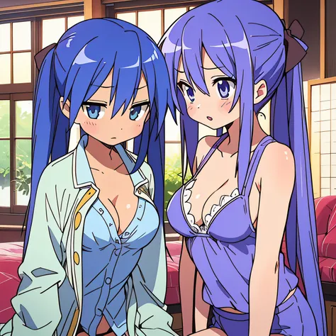 Kagami Hiiragi、Konata Izumi、(Young girl, twintails、Light purple hair、long haired、13yo) and (Lori, small tits,Blue hair、Very long hair、short stature、11years old) 、(((cleavage breasts)))、(Sunburn marks)、titts、Lori、Two girls、Fluffy garments、Navel Ejection、、{{...