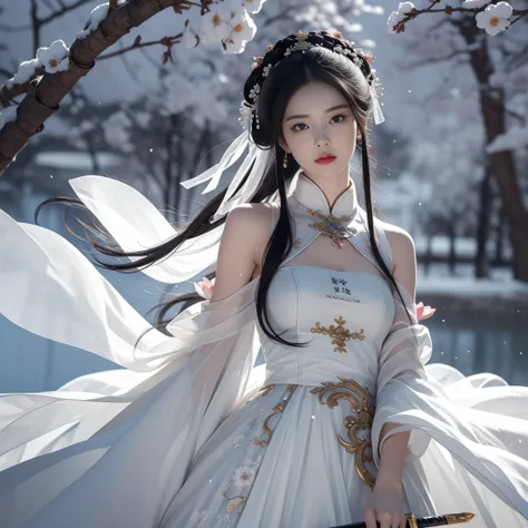 gyeongbokgung，atlantean，beautie，yue wang gou jian sword，martial，aerocoagulation，blow flowers，flying snow，best quality, master, h...