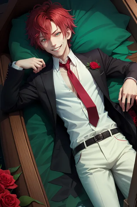 ((lying)), coffin, perfect eyes:1.2, detailed eyes:1.4, (masterpiece, best quality:1.2), vampire teeth, in water, flowers, male focus, 1boy, sakamaki ayato, grin, looking at viewer, hand on hip, red hair, open clothes, jacket, shirt, red necktie, black pan...