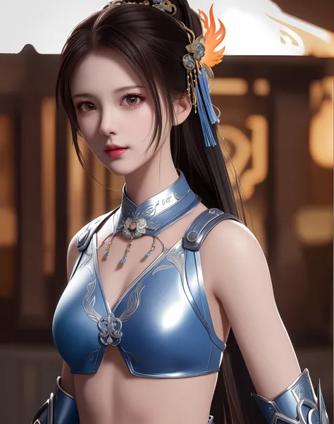 best quality, masterpiece, high resolution, 1girl, ancient chinese battlefield background, metal armor, metal collar, hair accessory, necklace, jewelry, beautiful face, upon_body, tyndall effect, realistic, dark studio, edge lighting, duotone lighting, (hi...