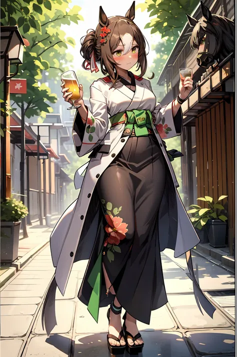 masterpiece, best quality, fine motion (umamusume), horse ears, horse tail, bewitching poses, full body wide angle, blush, woman holding beer glass, green and white floral kimono, festival,