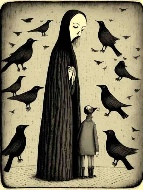 woman's face crying tears of blood with birds flying around her. terror , estilo anos 90 por edward gorey