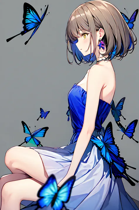 1girl, bangs, bare_arms, bare_shoulders, blue_butterfly, blue_dress, bug, butterfly, butterfly_on_hand, butterfly_wings, collarb...